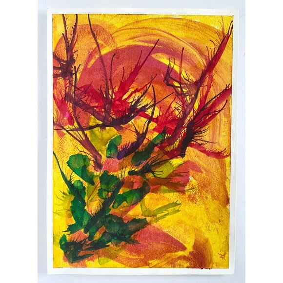 Desert Cactus Original Acrylic Inks Wall Art Painting 11x15in Red Green Yellow - Picture 2 of 10